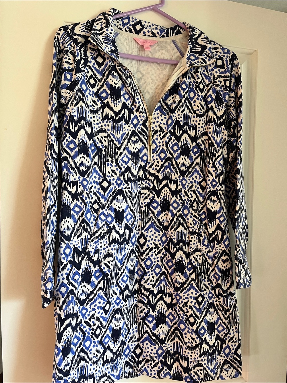 Lilly Pulitzer Blue Black and White Zip-Front Long Sleeve Tunic Dress